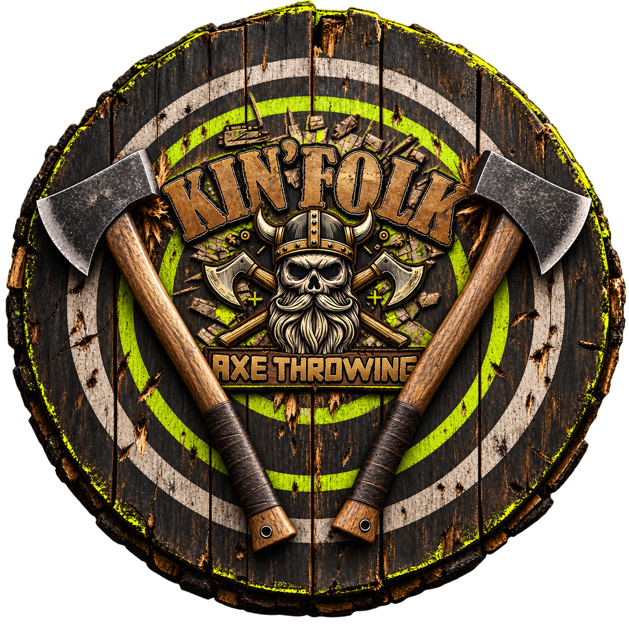 Two throwing axes embedded in a wooden Kinfolk target